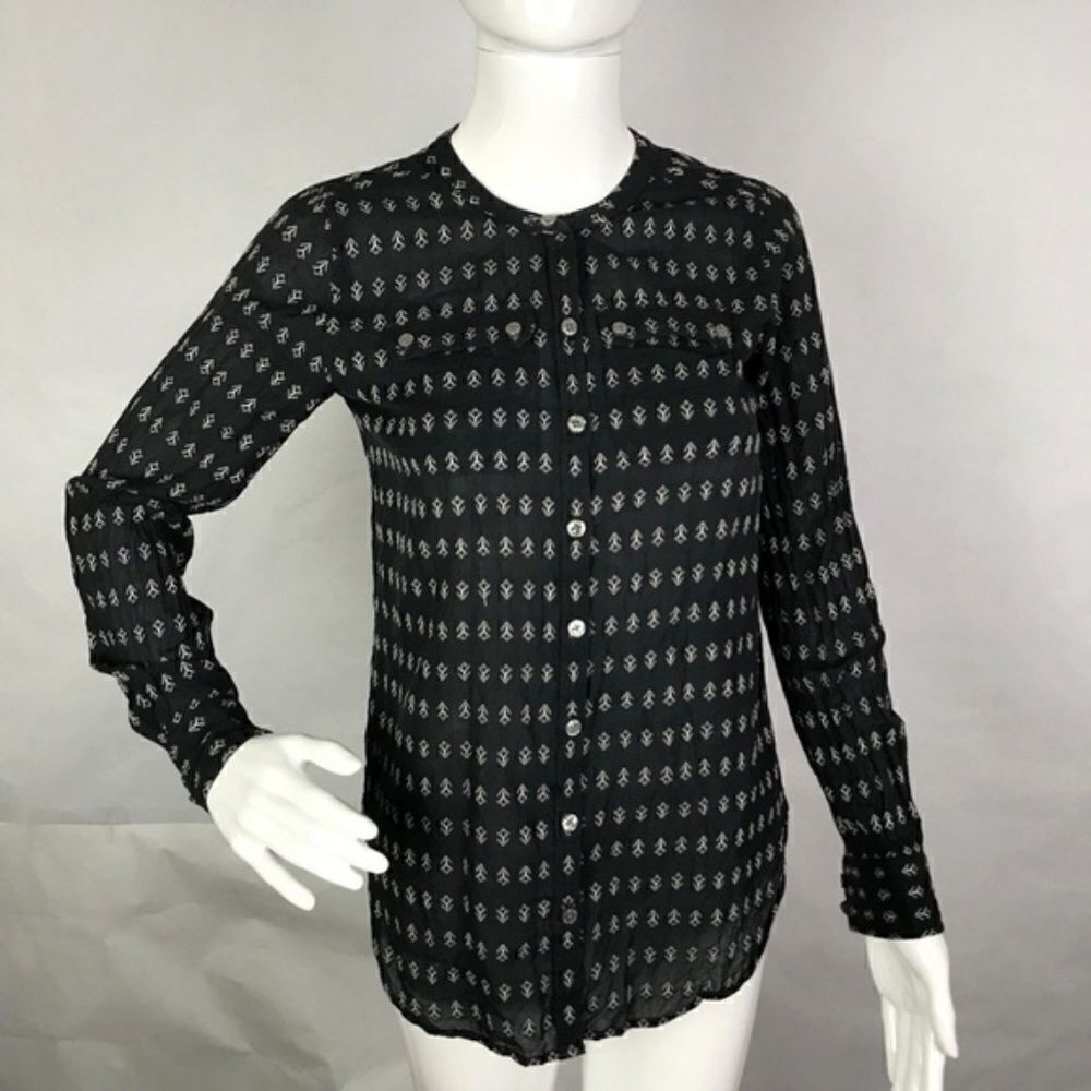 LOFT Navy and White Embroidered Button Down Tunic Shirt Size Medium